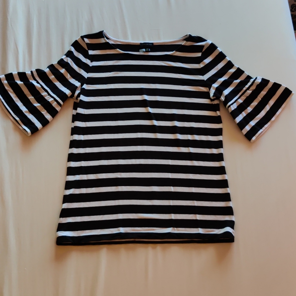 Ruffle Flared Sleeve Black and White Striped Shirt